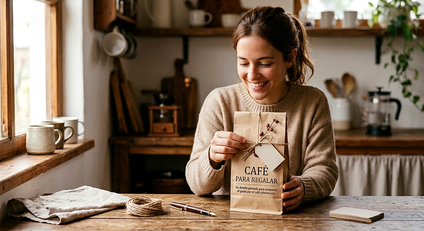Mujer preparando una bolsa de café envuelta para regalo con cordel y tarjeta