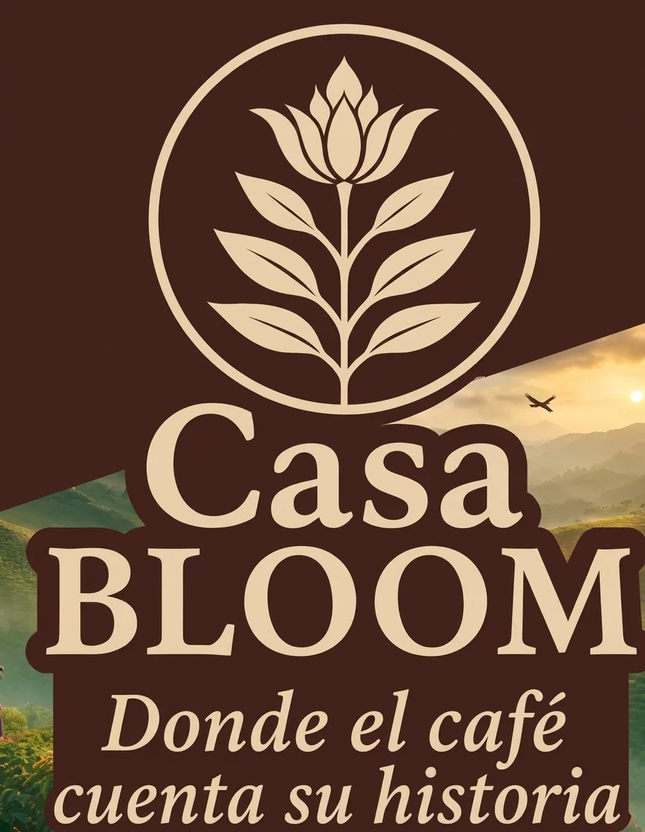 Logotipo de Casa Bloom con el lema «Donde el café cuenta su historia» sobre un paisaje cafetero al atardecer